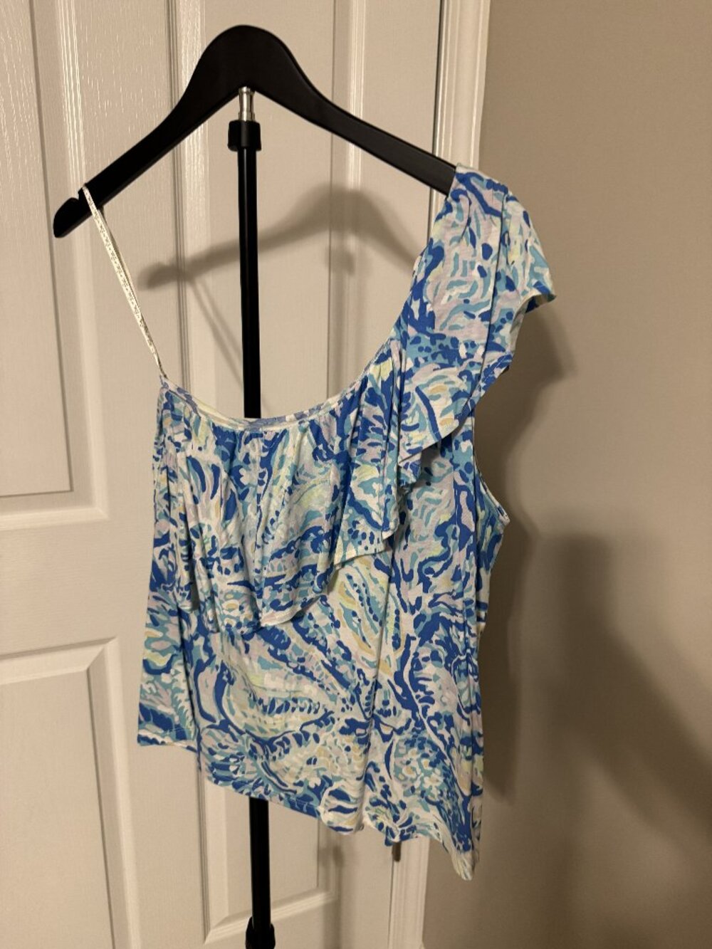 Lilly Pulitzer Matteo One Shoulder Ruffle Top Blue seashell print